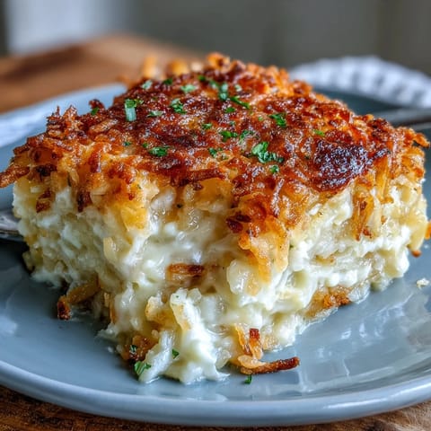 Cozy Funeral Potatoes Casserole with Hashbrown Topping in a golden, bubbly dish, topped with crispy shredded potatoes and melted cheese.