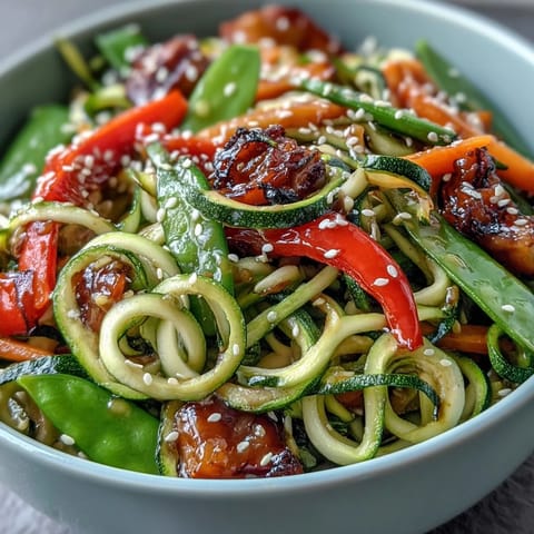 Healthy Easy Zucchini Noodle Stir Fry with vibrant vegetables and savory sauce in a wok.