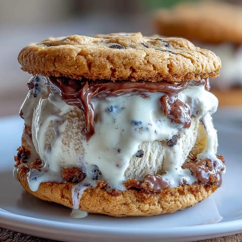 Creamy vanilla bean ice cream layered between soft coffee cookies for a delightful frozen treat.  