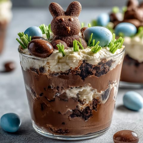 Adorable Easter Bunny Dirt Cups filled with chocolate pudding and crushed cookies, topped with marshmallow Peeps and candy eggs.