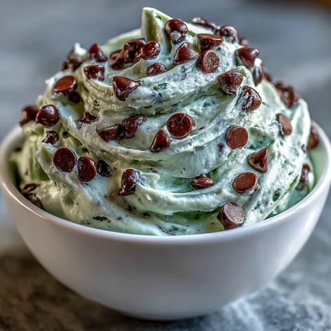 Festive green mint chocolate chip dip in a bowl, perfect for St. Patrick's Day dessert spreads. Creamy texture with mini chocolate chips, served with graham crackers. Bright and refreshing treat for holiday gatherings.