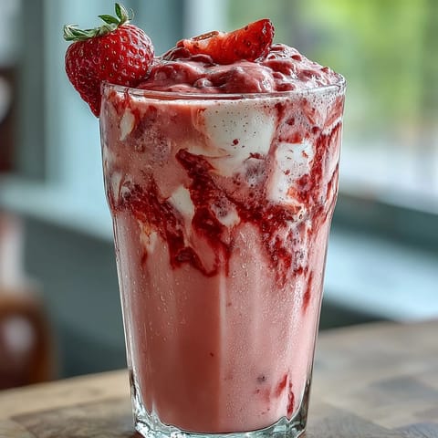 A creamy, protein-packed strawberry shortcake smoothie with fresh berries and Greek yogurt.  