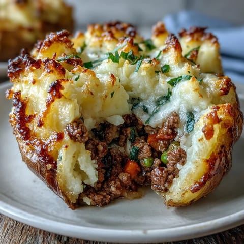 Golden baked potatoes loaded with hearty shepherds pie filling, topped with rich mashed potato and broiled until crisp.  