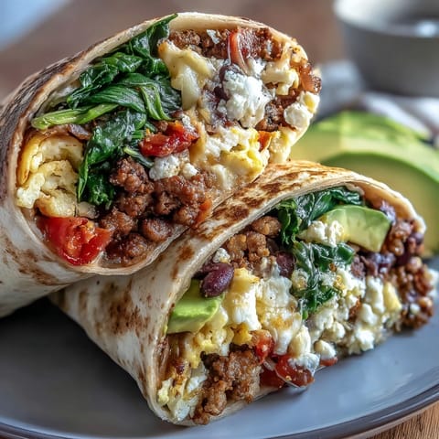 High-protein breakfast burritos with scrambled eggs, lean turkey, and black beans wrapped in a warm whole wheat tortilla.  