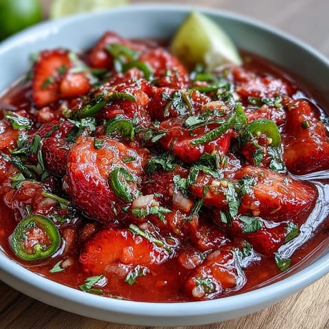 Vibrant strawberry salsa with jalapeño and cilantro, perfect for tacos or dipping with crispy tortilla chips.  