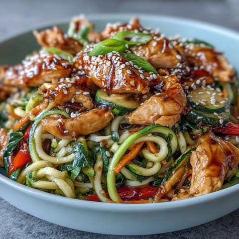 Healthy Easy Zucchini Noodle Stir Fry with Chicken in a colorful skillet, tender chicken and crisp zucchini noodles tossed with vibrant vegetables in a savory Asian sauce.