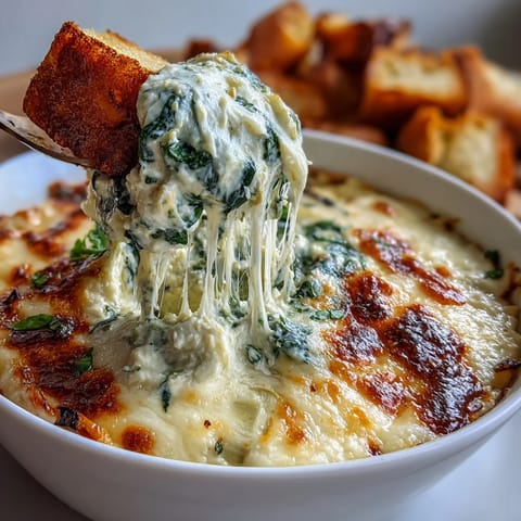 Creamy spinach and artichoke dip baked in a bread bowl, topped with golden mozzarella for St. Patrick's Day.