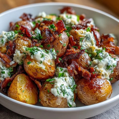 Creamy BBQ baby shower loaded baked potato salad with crispy bacon and melted cheddar in a tangy BBQ dressing.  