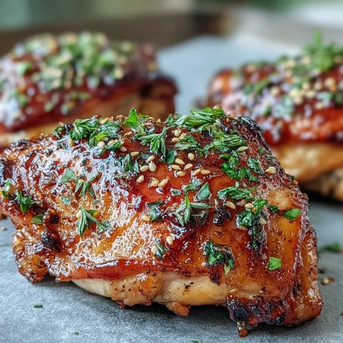Honey Garlic Baked Chicken Thighs with a glossy glaze, golden brown and bubbling, garnished with fresh parsley and sesame seeds.