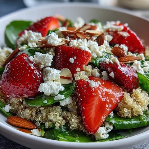 A vibrant spring salad with fresh strawberries, creamy feta, and quinoa tossed in tangy balsamic dressing.