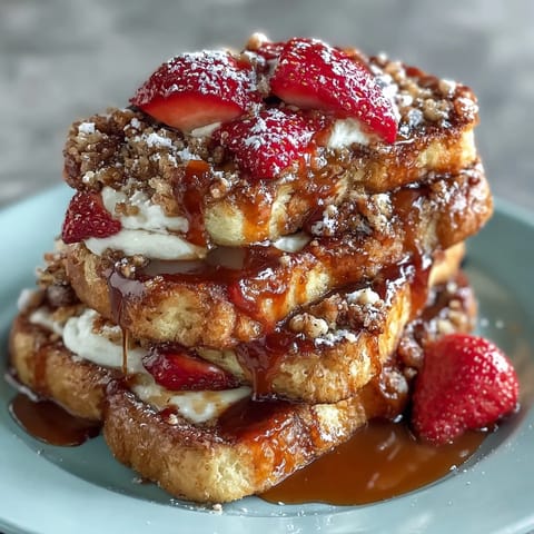 Golden Spring Brunch Strawberry French Toast Bake with fresh berries and powdered sugar.  