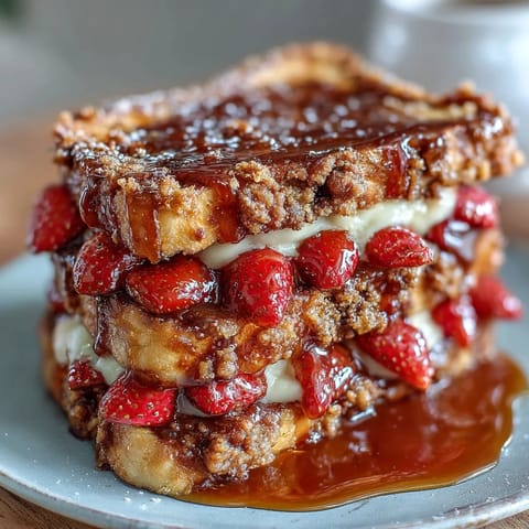 Baked Strawberry French Toast casserole topped with crumb streusel and maple syrup.  