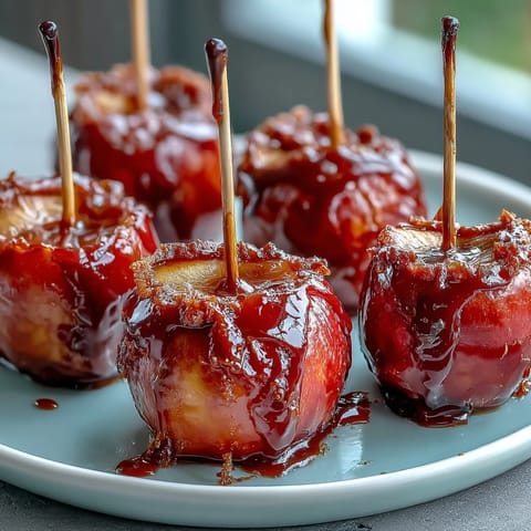 Mini Candy Apple Bites on Toothpick Skewers: glossy red candy-coated apple chunks, perfect for festive snacking and party trays.