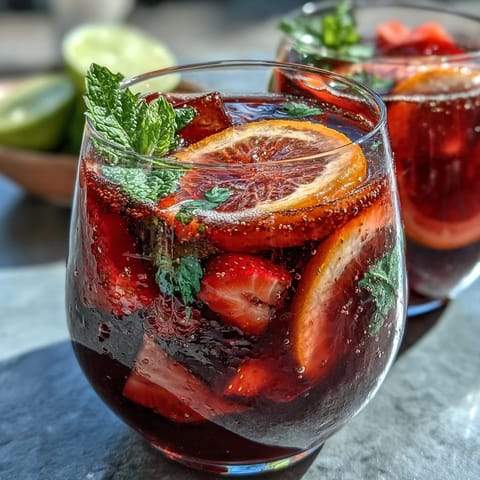 Vibrant Spring Sangria Mocktail with White Grape and Citrus, served over ice with fresh fruit slices and mint leaves.