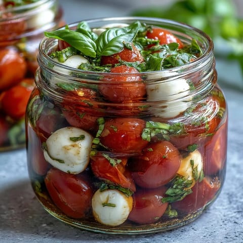 Mason Jar Caprese Salad with layers of cherry tomatoes, mozzarella, and basil, drizzled with balsamic dressing in a portable jar.