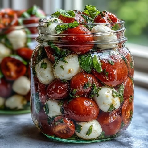 Fresh Mason Jar Caprese Salad featuring vibrant tomatoes, creamy mozzarella, and fragrant basil, perfect for picnics or on-the-go lunches.