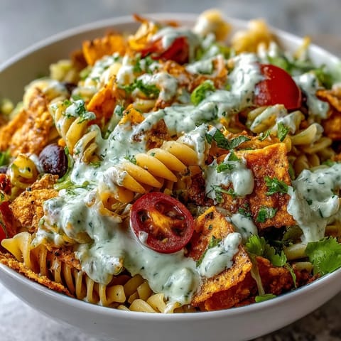 Vibrant Taco Pasta Salad with Doritos and Avocado Ranch dressing, loaded with colorful veggies and crunchy tortilla chips.  