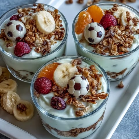 1. Colorful soccer team snack cups layered with fresh berries, pineapple, and crunchy granola, topped with creamy vanilla yogurt for a refreshing treat.