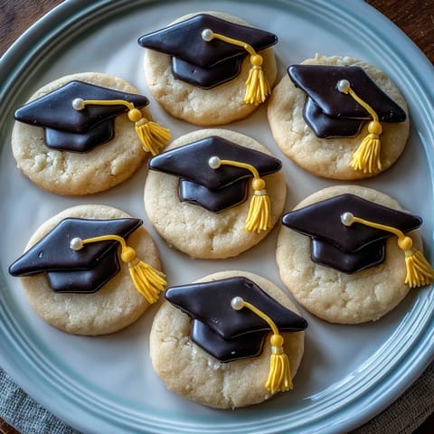 Celebrate graduation with royal iced sugar cookies shaped like caps, topped with black icing and yellow tassels.  