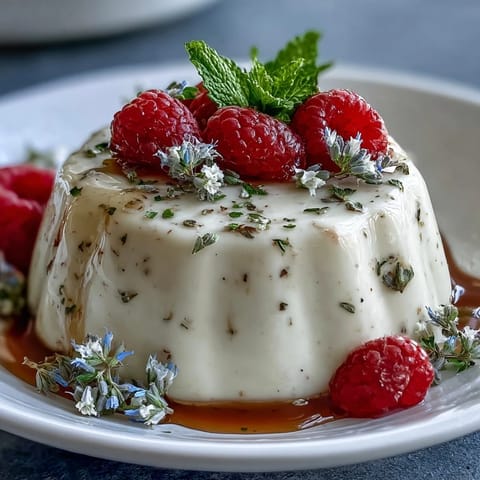 Silky honey lavender panna cotta with a delicate floral aroma, garnished with fresh berries and edible flowers.