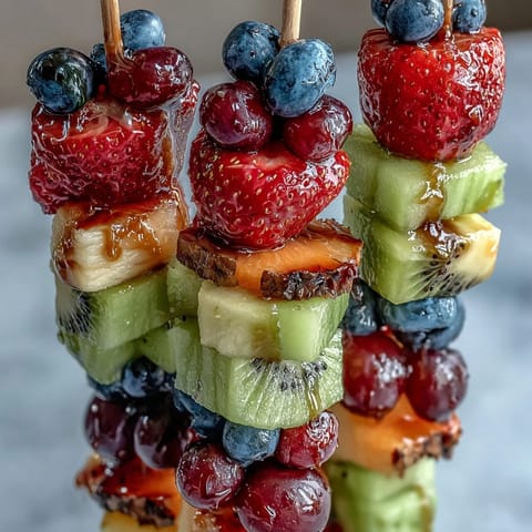 Vibrant rainbow fruit skewers with strawberries, pineapple, kiwi, blueberries, and grapes, served with creamy honey-yogurt dip for a refreshing summer snack.