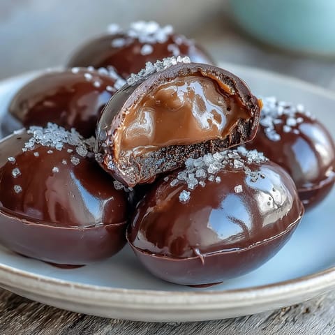 Dark chocolate peanut butter Easter eggs with sea salt, smooth and rich, perfect for holiday treats.