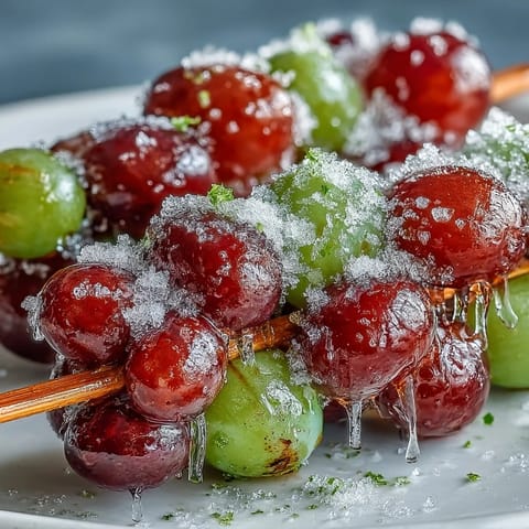 Frozen grape skewers with lime sugar offer a tangy, icy treat perfect for summer snacking or party platters.