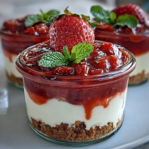 No-Bake Strawberry Cheesecake Jars with creamy layers and fresh strawberry topping in glass jars