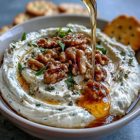 Creamy whipped feta dip drizzled with honey and crunchy walnuts, a delicious appetizer.