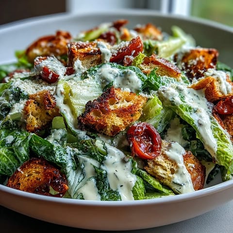 Delicious tahini Caesar salad, tossed with fresh romaine and savory Parmesan cheese.