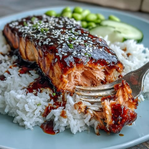 Glazed teriyaki salmon bowl: sweet glaze, fluffy rice, fresh edamame, crisp cucumber.