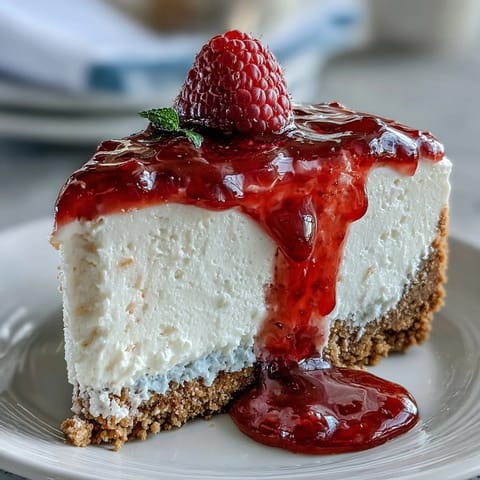 Creamy no-bake cheesecake, perfect for Mother's Day, drizzled with vibrant raspberry sauce.