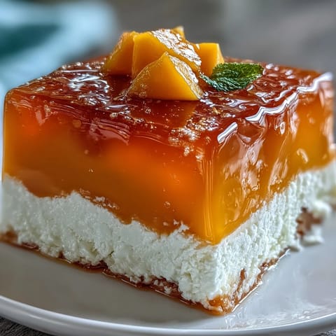 Sweet mango agar-agar jelly cubes with creamy coconut milk, chilled.