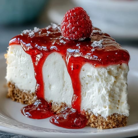 Decadent Mother's Day no-bake cheesecake with glossy raspberry coulis topping.