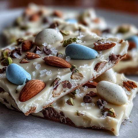 Festive white chocolate Easter bark studded with colorful eggs and pistachios.