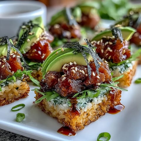 Golden crispy rice topped with vibrant spicy tuna mixture, ready to serve.