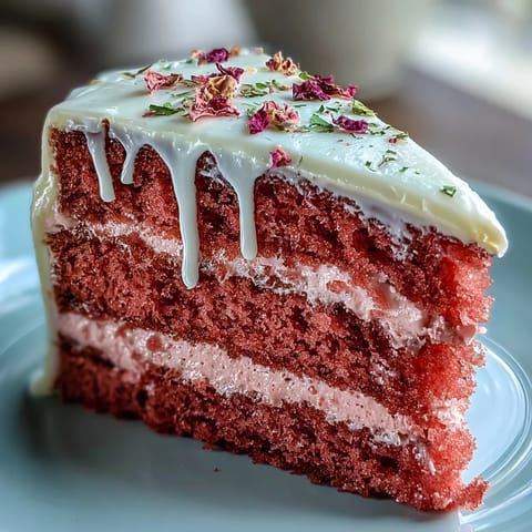 Elegant Bridal Shower Rosé Velvet Cake with a delicate gold drip.