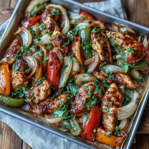 Juicy chicken fajitas baking with tender bell peppers and onions on a hot sheet pan.