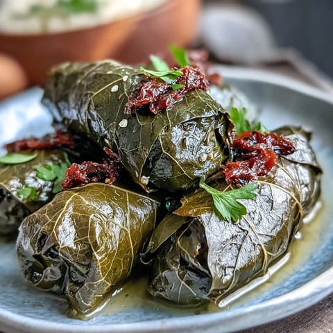 Fragrant Kurdish Dolma, glistening green parcels filled with aromatic seasoned rice.
