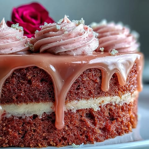 Elegant pink Bridal Shower Rosé Velvet Cake with shimmering gold drip.