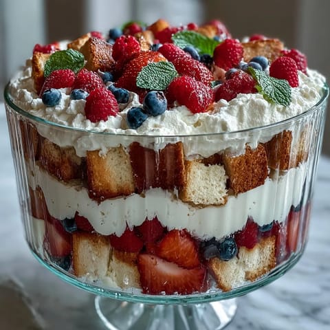Red White Blue Berry Trifle: A heavenly layered dessert with soft cake and fresh berries.