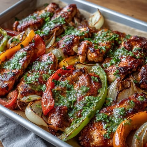 Sheet pan chicken fajitas with colorful peppers, perfectly roasted for a zesty weeknight dinner.