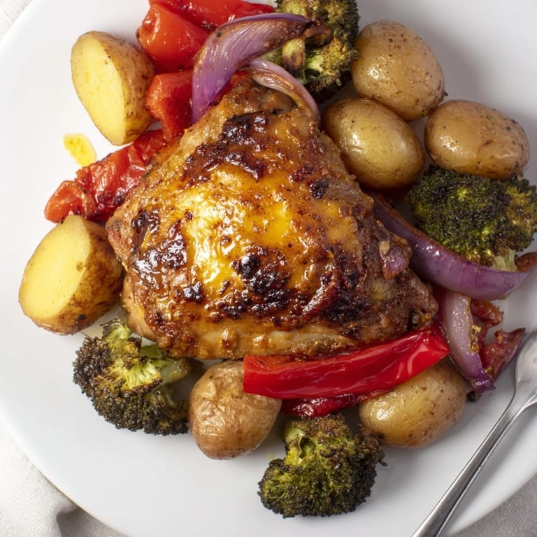 Juicy Honey Lemon Roasted Chicken Sheet Pan served hot with caramelized potatoes, broccoli, and fresh lemon slices.