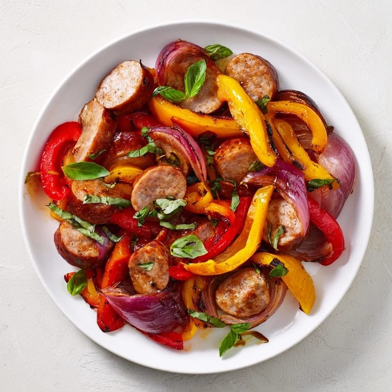 A close-up of a delicious Easy Sheet Pan Italian Sausage, fresh from the oven, ready to enjoy.