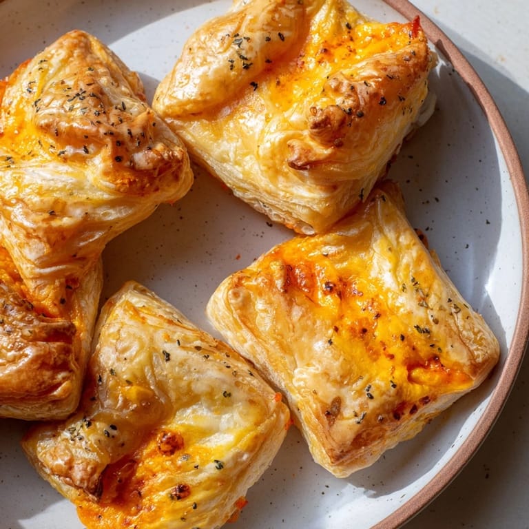 These beautifully browned Cheese and Spice Puff Pastry Bites offer a warm, spiced cheese flavor; ideal as an appetizer.