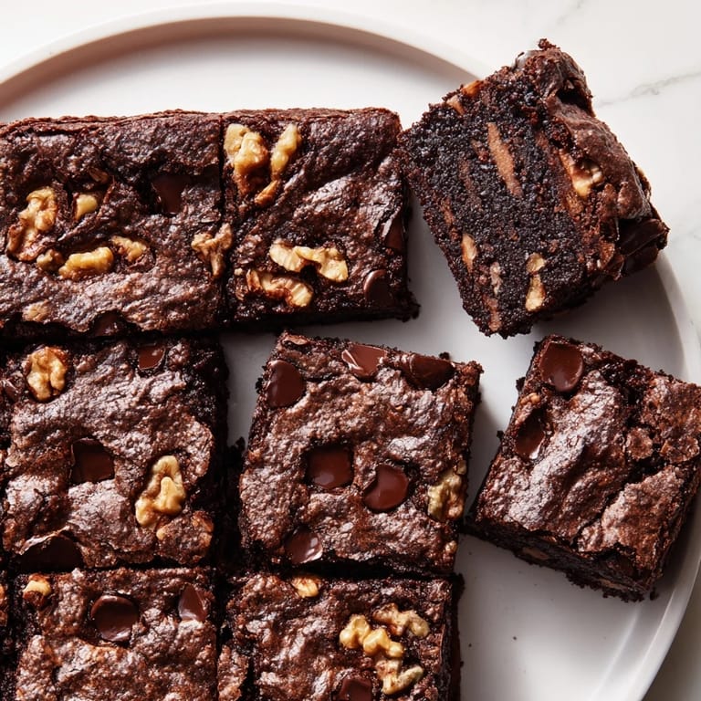 One-pan Fudgy Walnut Brownies, still warm and inviting, perfect for serving with vanilla ice cream.