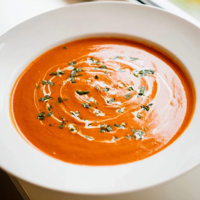 Creamy tomato and basil soup bursting with flavor, served in a bowl, perfect for a cozy supper.