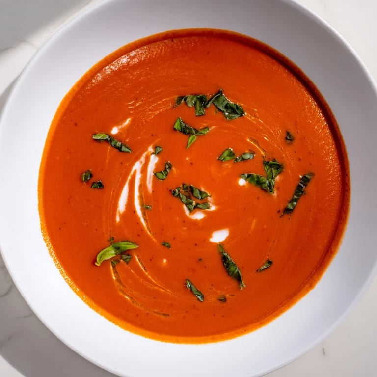 Bright red tomato and basil soup, smooth and velvety, alongside suggestions for topping or serving.