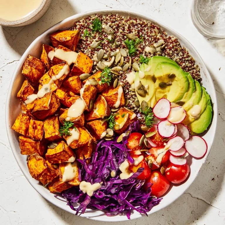 Vibrant Complete Veggie Bowl featuring fluffy quinoa, colorful veggies, and creamy tahini vinaigrette.