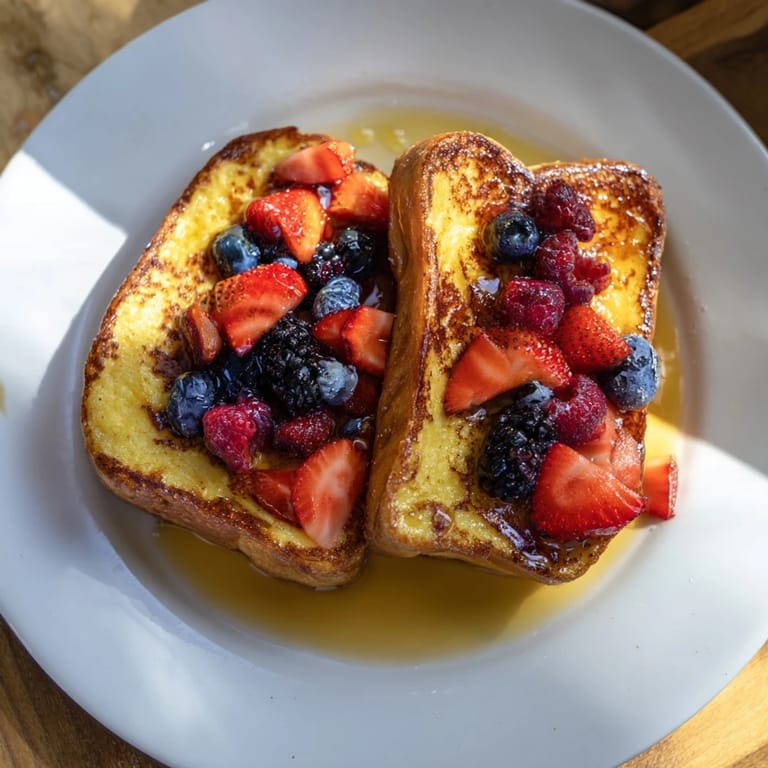 Crispy-edged French toast with a soft custard center, topped with juicy fresh berries, a sweet delight.